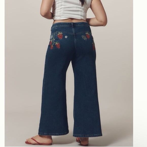 Anthropologie Denim - Anthropologie Maeve Wide Leg Embroidered Strawberry Jeans NWT 31